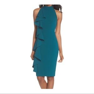 Eliza J. Ruffle Sheath Dress in Peacock NWOT 14